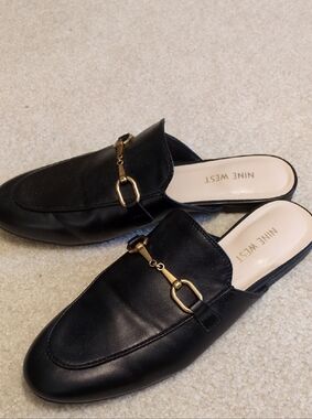 Nine West Black Leather Slip-On Loafers with Gold Bit Detail